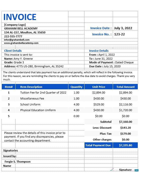 Download Free Sample School Invoice Template Photoshop template